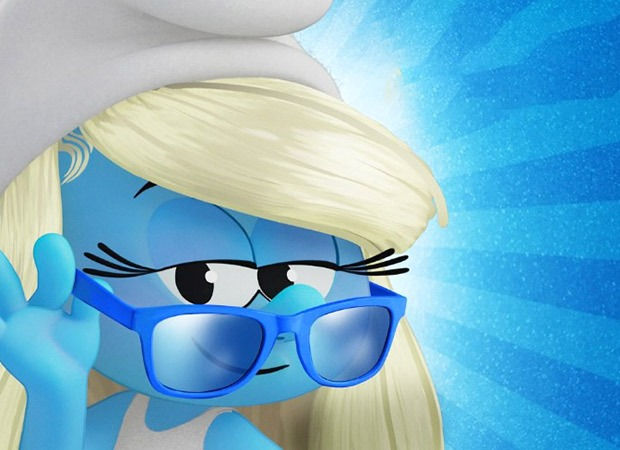 Smurfette from the animated Smurfs movie wearing oversized blue sunglasses, with a confident expression and blonde hair, set against a radiant blue background.