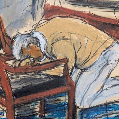 A courtroom sketch shows Sean “Diddy” Combs appearing emotional and bent over during his partial verdict hearing — an intense moment in his 2025 trial. (Credit: ABC News)