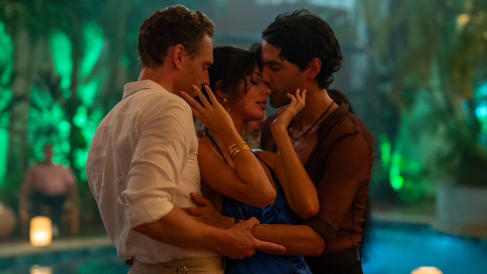 A scene from The Night Manager Season 2 on Prime Video, featuring a stylish, suspenseful atmosphere with characters entangled in espionage and international intrigue.