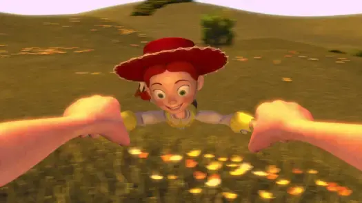 Animated scene of Jessie from Toy Story running through a sunlit grassy field, holding hands with someone just off-screen, with warm golden light and rolling hills in the background.