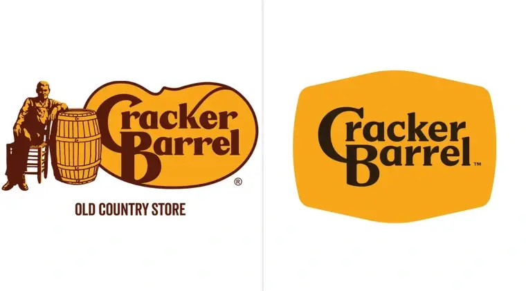 Side-by-side comparison of Cracker Barrel’s old logo featuring a man with a barrel and “Old Country Store” text, versus the new modernized logo with simplified text on a golden background.