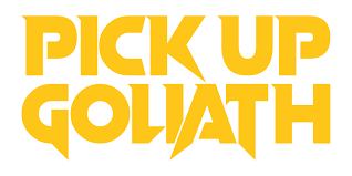 Pick Up Goliath logo in bold yellow block lettering on a white background.