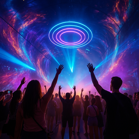 Crowd at an immersive event under swirling neon rings and cosmic light projections, arms raised amidst vibrant, multisensory visuals.