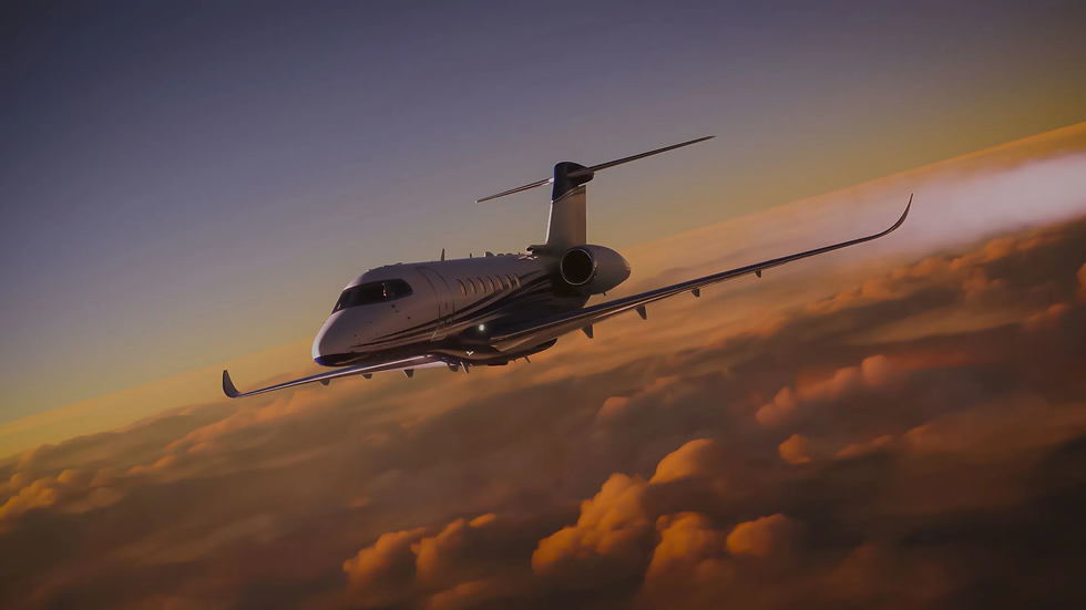 Private jet flying above the clouds during sunset, symbolizing luxury business travel and high-end private jet charter experiences.