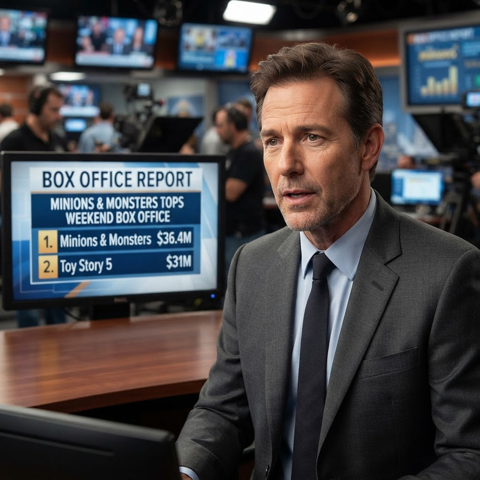News anchor reporting in a newsroom beside a box office report screen showing Minions & Monsters at $36.4 million and Toy Story 5 at $31 million, matching an entertainment news article about celebrity updates and movie headlines.