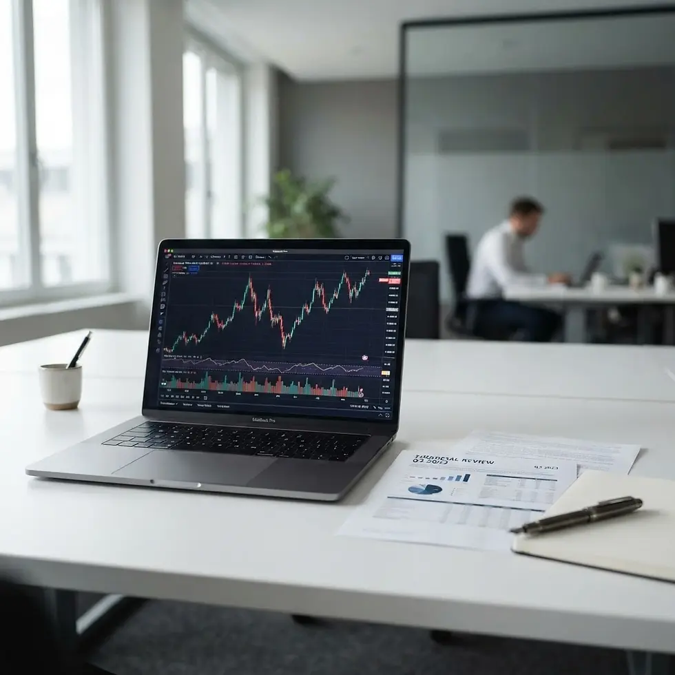Digital photography of a laptop displaying a stock chart on a desk in a modern office. The scene conveys business, finance, and data analysis.