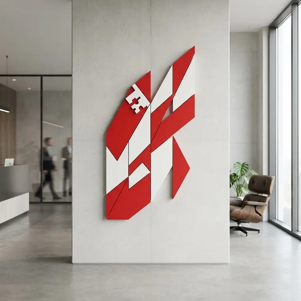 Interior photography of a striking red and white abstract geometric art piece mounted on a wall in a modern office. The artwork offers a bold, contemporary focal point.
