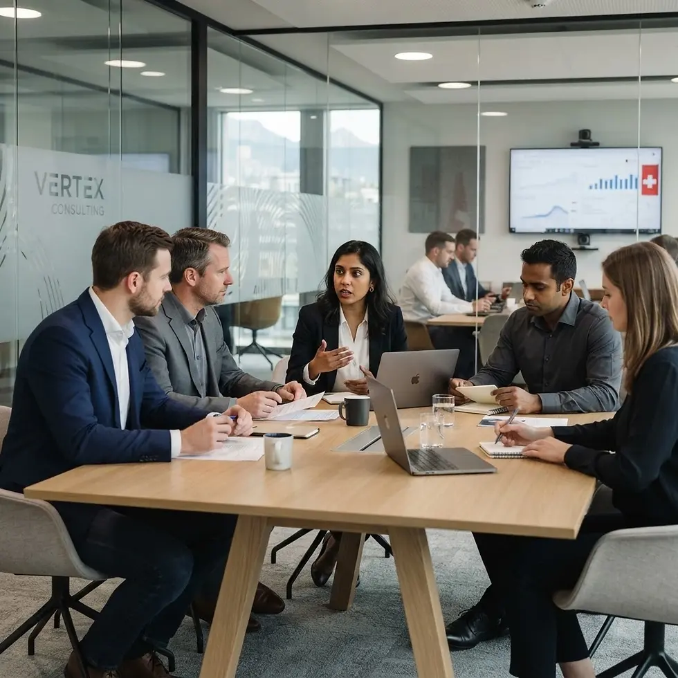 Corporate photography of professionals collaborating around a conference table in a modern office. A woman leads the discussion, fostering an engaged and professional atmosphere.