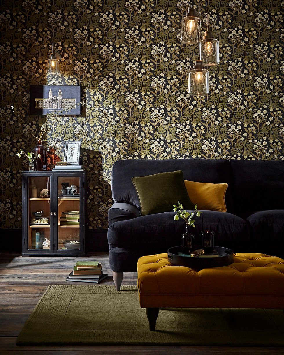 Wallpapered room with blue sofa