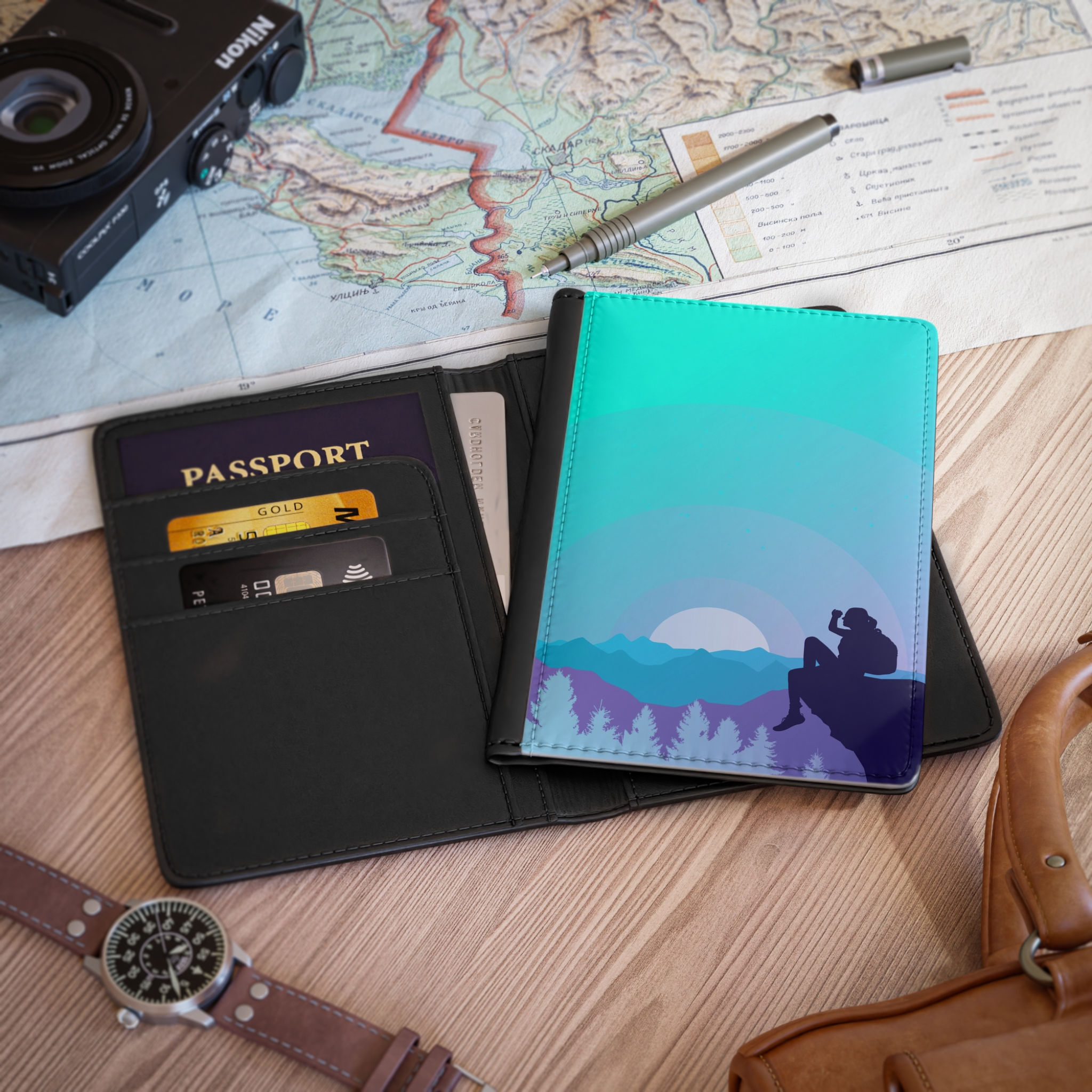 Mountain Hiker Passport Cover — Scenic Sunrise Travel Wallet