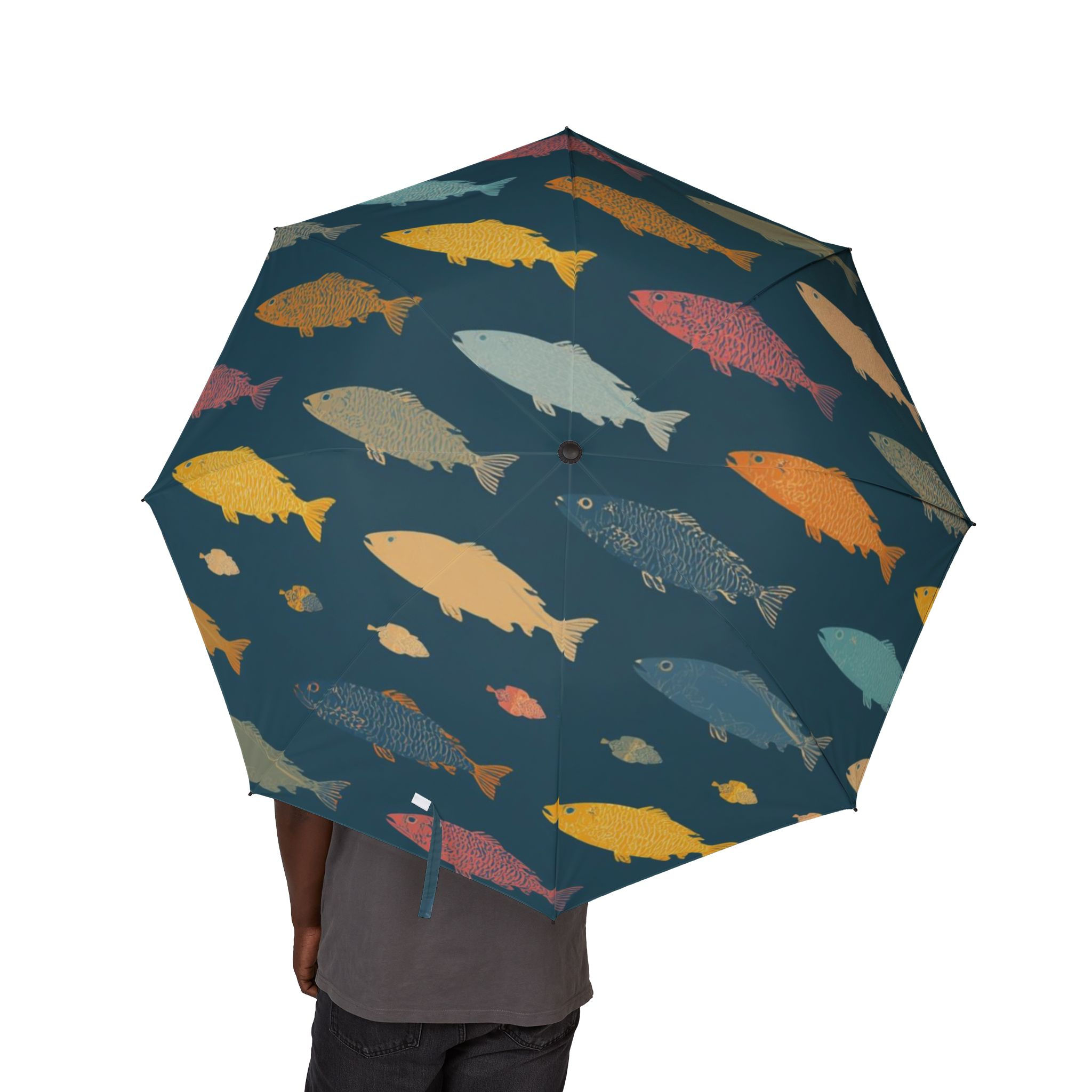Foldable Umbrella — Colorful Fish Pattern Semi-Automatic Travel Umbrella