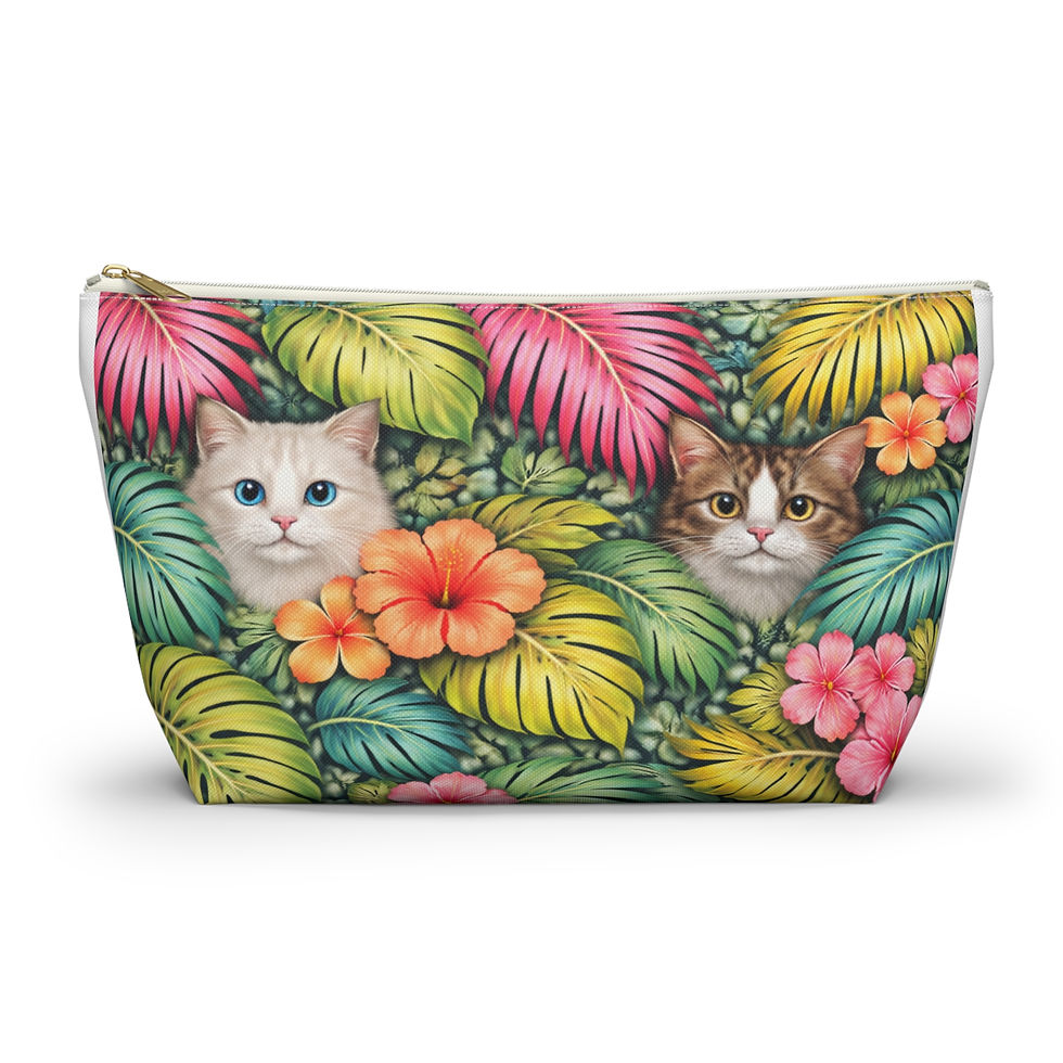 Thumbnail: Tropical Accessory Pouch — Floral Makeup Bag with Hidden Kittens