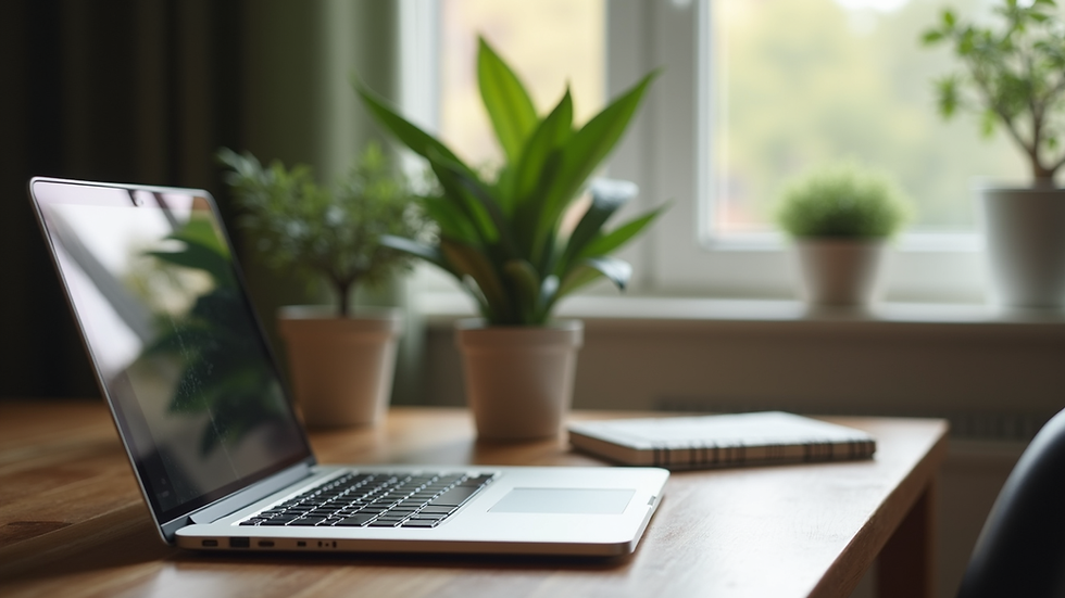 Close-up view of a cozy home office setup with a laptop and a plant