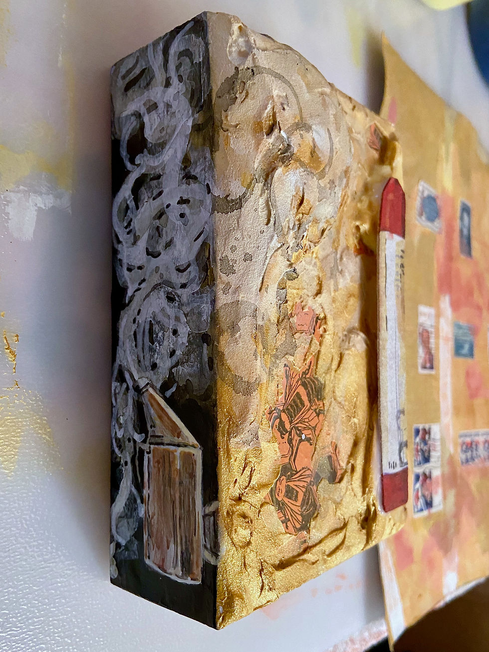 Textured Painting: side view of bees nesting with hive smoker on side. Metallic over black background, smoke. Seeds Art Studi