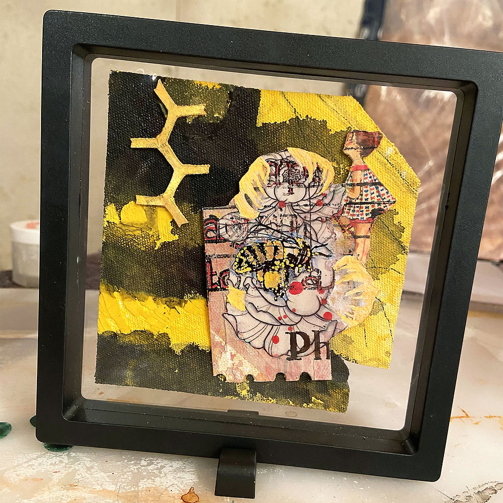 Small Painting: black & yellow scrap canvas, layered with McCall's pattern girl. Golden, black, yellow. Seeds Art Studio
