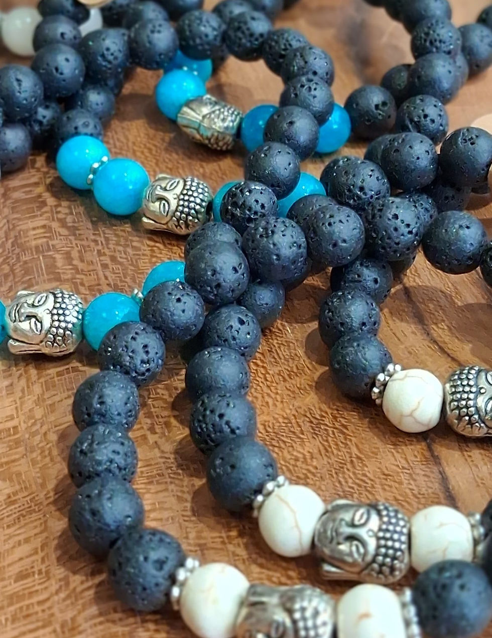 Bracelets pierre de lave, perles bleues et blanches, Bouddha