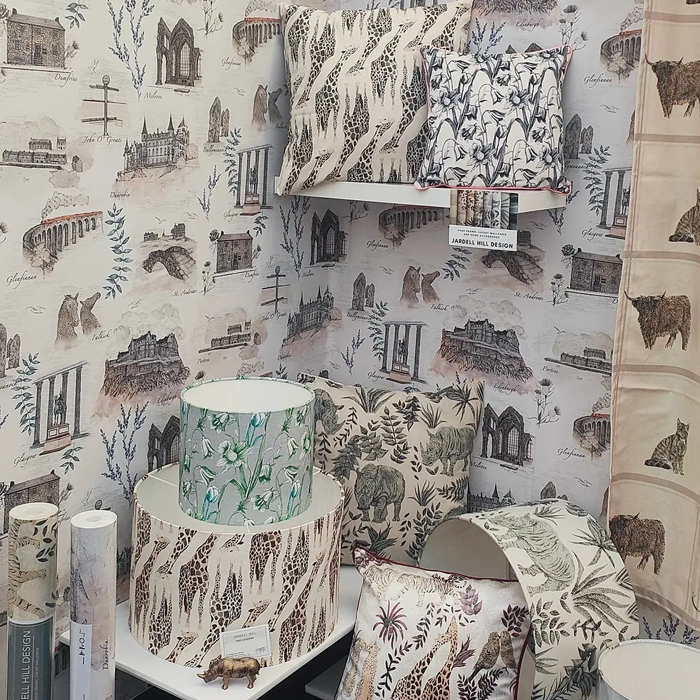Thumbnail: Patterned wallpaper, cushions and lampshades on show at the Scottish Interior Showcase