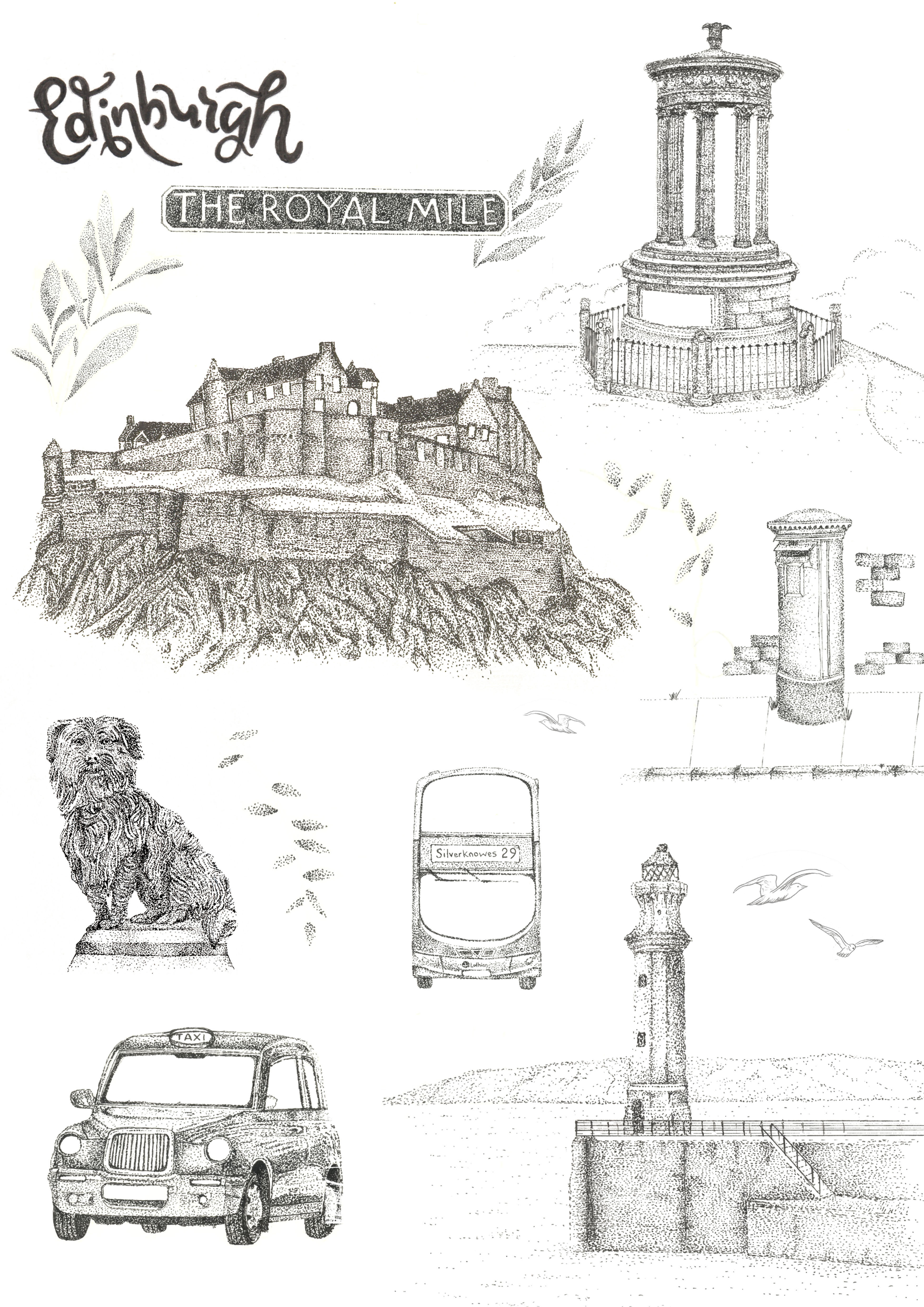 art print of Edinburgh 'Auld Reekie' in a black and white poinitllism style