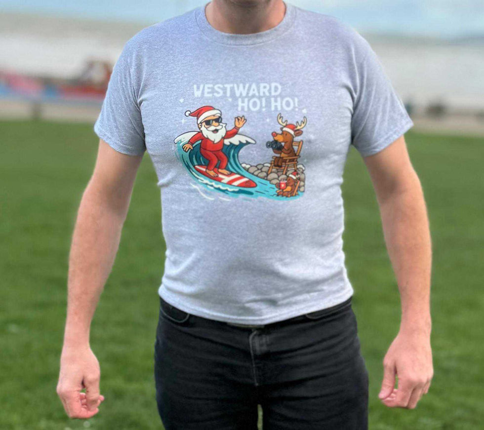 Surf into Christmas Westward Ho! Ho! T Shirt with surfing Father Christmas
