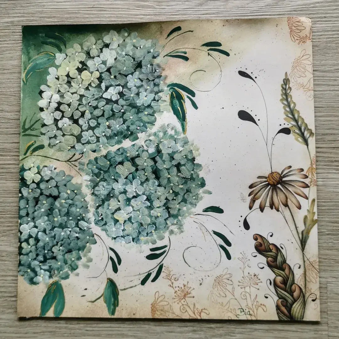Pintura acrílica sobre papel! Hortências e Rosas.