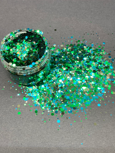 Thumbnail: Little Green Men || 1 oz Jar || Blue Green Mini Chunky Mix Glitter ||