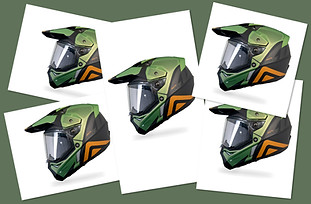 Product photography of five differently cropped and resized helmet images demonstrating image resizing service.