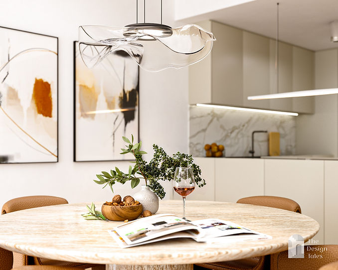 Glass pendant light over dining table, travertine finishes — Apartment 50Milan | The Design Tales
