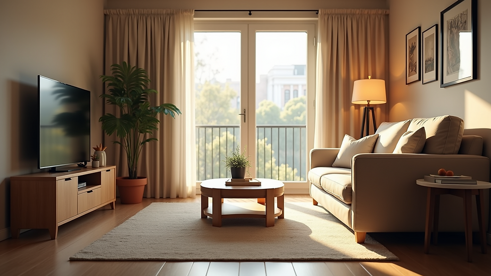Eye-level view of a cozy family living room with soft natural light