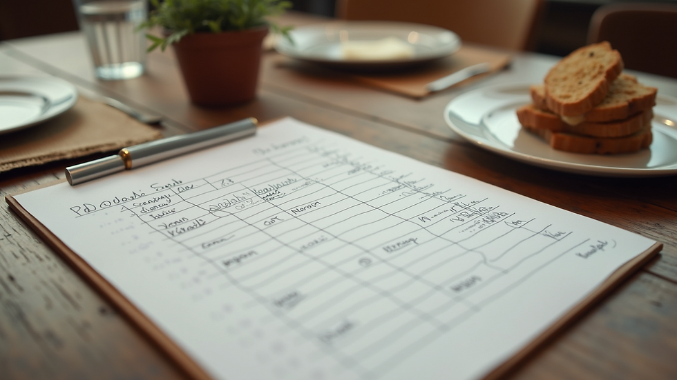 Close-up view of a handwritten personalized meal plan on a wooden table