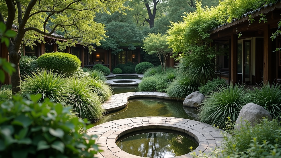 High angle view of a peaceful garden with lush greenery and a small water feature