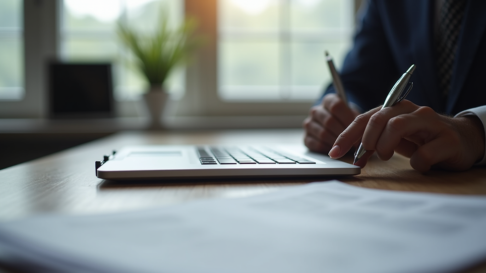 Vue rapprochée d’un bureau avec documents QSE et ordinateur portable