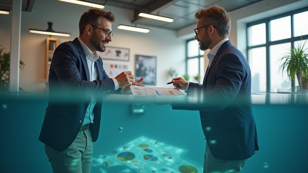 Vue en plongée d’un consultant expliquant un graphique à un client dans un bureau