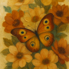 Yellow pastel flowers, brown and yellow butterfly on the flowers, abstract art for self-esteem and identity