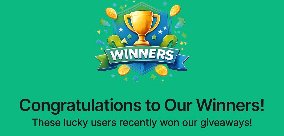 Wyn Sweep winners announcement banner with gold trophy, celebrating users who won cash giveaways and sweepstakes prizes.
