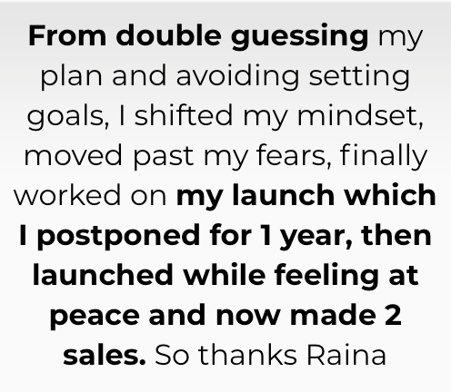 Text stating a personal journey of overcoming doubt and achieving success, resulting in two sales. Mentions gratitude to Raina.