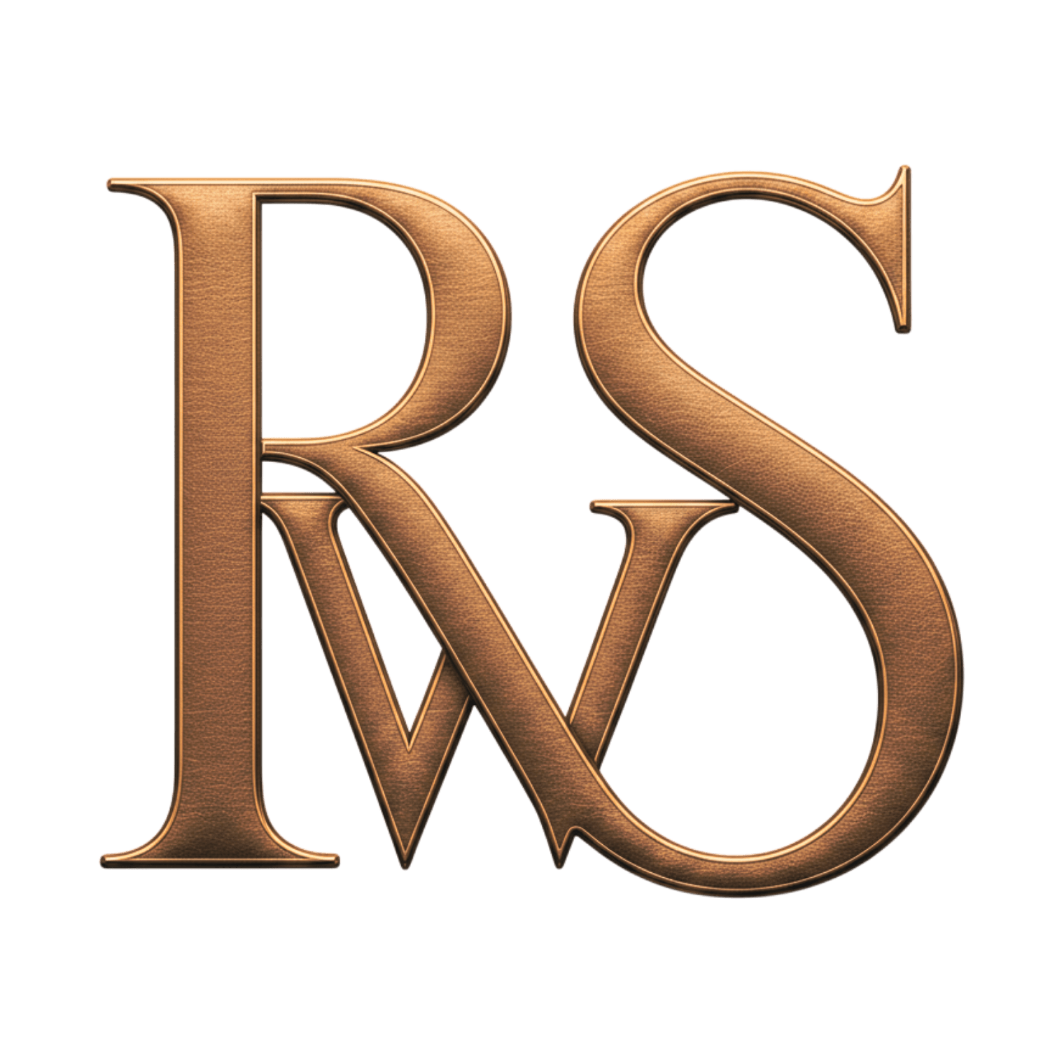 Metallic bronze RWS monogram logo on a black background