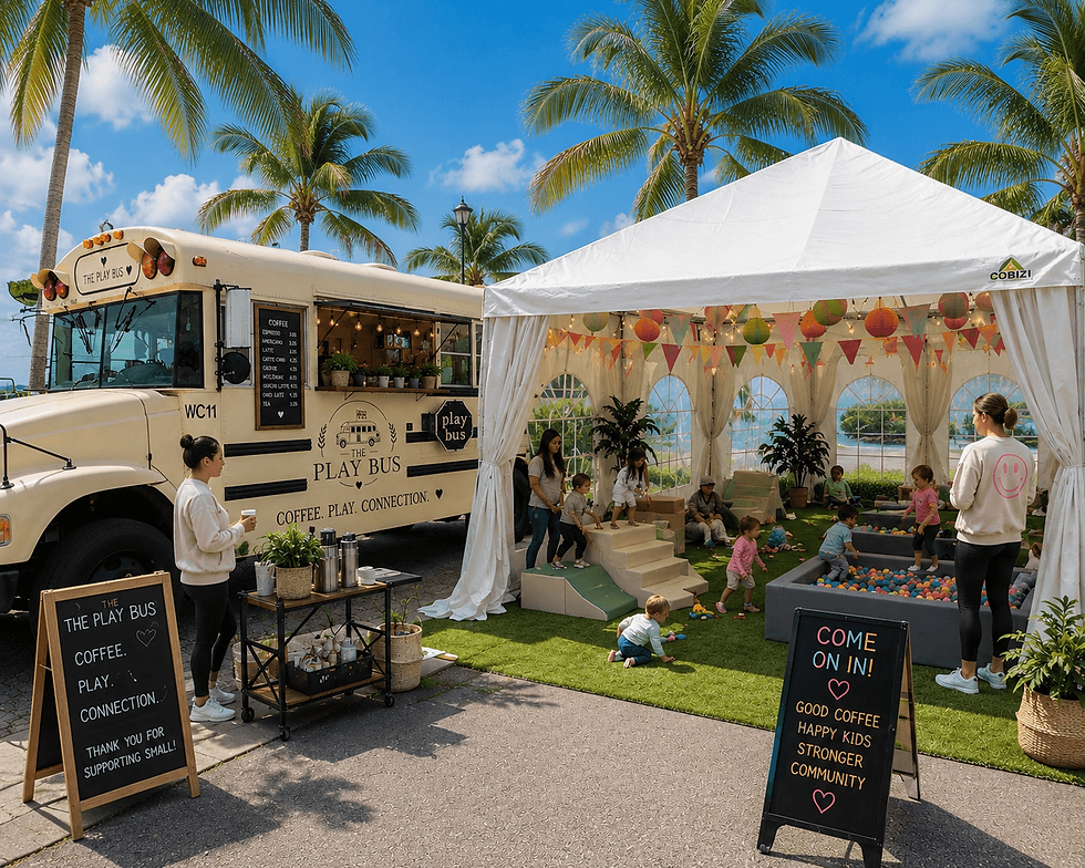 A Play Bus coffee truck next to a tent with children playing in a ball pit.