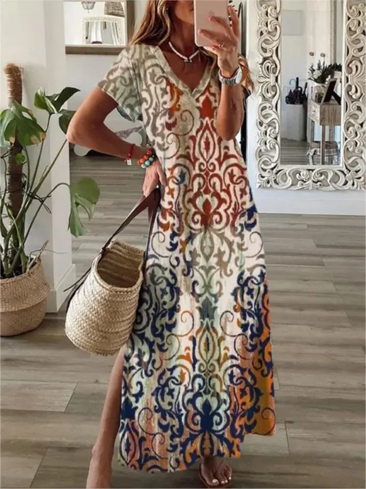 Thumbnail: Vintage Floral Elegant Maxi Dress Women Summer V Neck Boho Long Dress