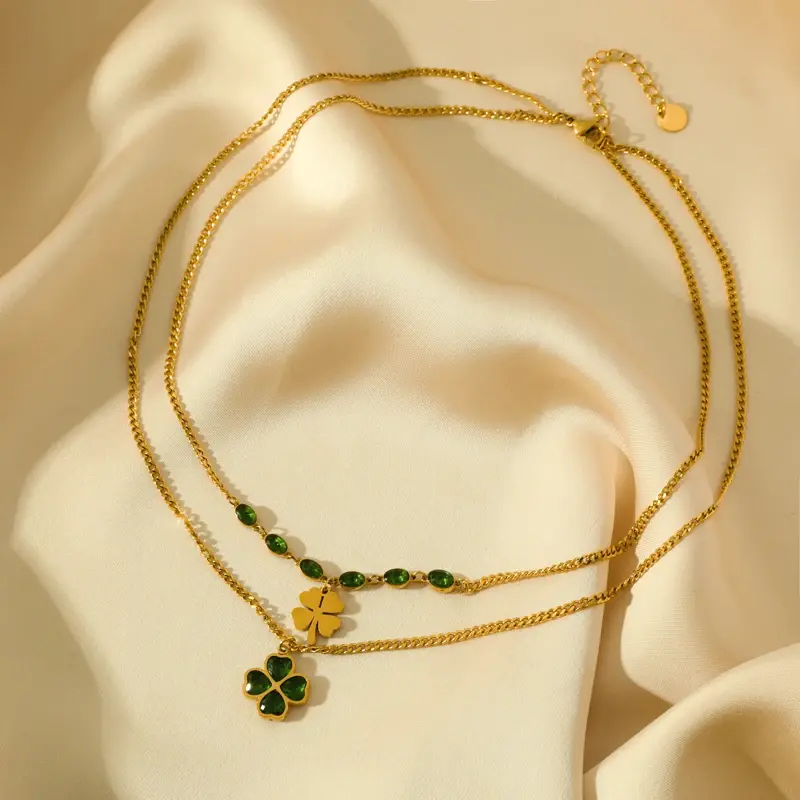 Thumbnail: Green Four Leaf Clover Necklace - Gold Stainless Steel