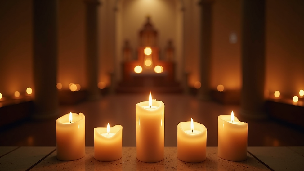 Eye-level view of a calming candle-lit altar