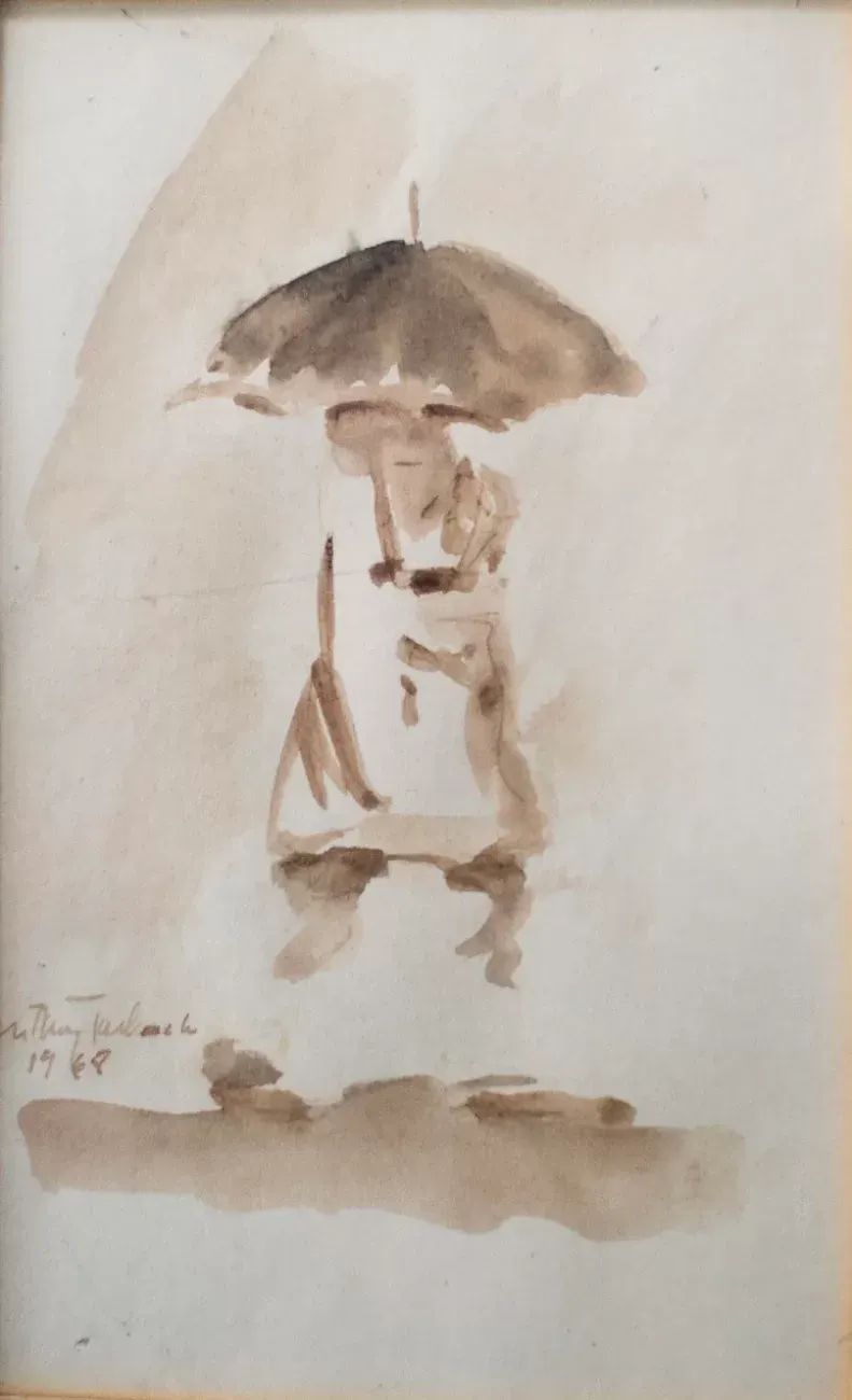 Watercolor painting by Anthony Tony Jackovich depicting a figure beneath an umbrella