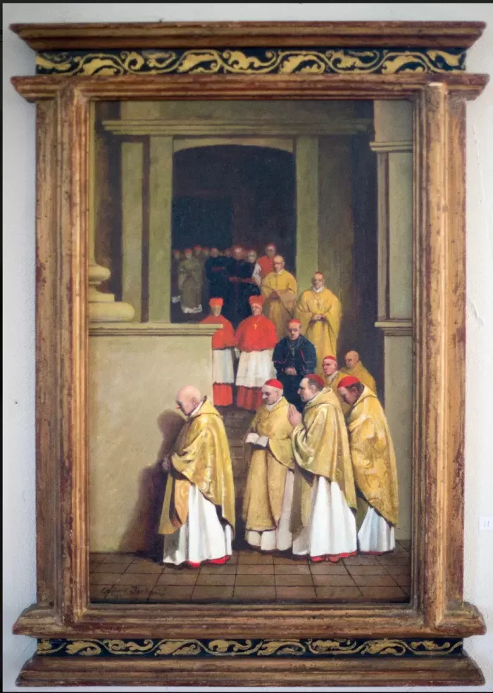 Anthony Tony Jackovich painting of clergy in ceremonial robes displayed in a self-made ornate frame