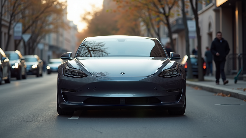 Eye-level view of sleek electric car parked on urban street