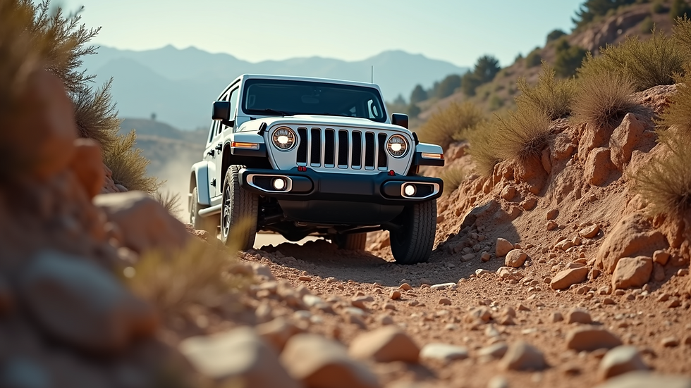 Eye-level view of a rugged SUV climbing a rocky hill