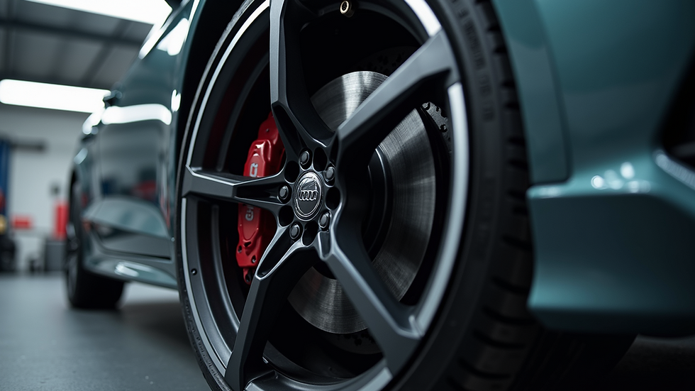 Close-up view of Audi car wheel and brake system highlighting performance engineering