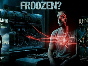 A dark, cinematic promotional banner featuring a man sitting on a bed, looking off-camera, with glowing red circuit lines connecting an old train in the background to his heart and face. The text "FROOZEN?" is displayed at the top. On the left is the book cover for "INTERNAL EMPIRE" featuring a man in a suit overlooking a city skyline, and on the right is the book cover for "RENACER" featuring a Spartan warrior in armor.