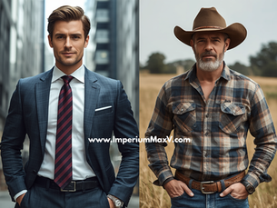 High-value man in the city and rural Virginia — confident professional in a suit standing in an urban setting alongside a grounded country man in a field, representing masculine values, purpose, and integrity | ImperiumMaxV.com