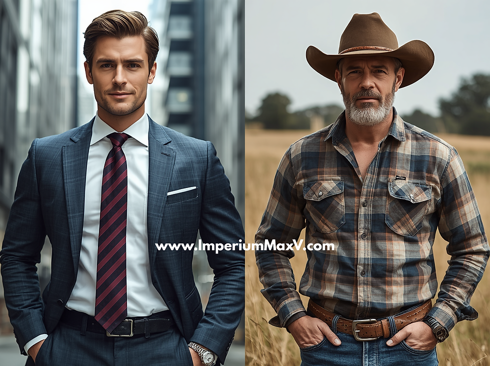 High-value man in the city and rural Virginia — confident professional in a suit standing in an urban setting alongside a grounded country man in a field, representing masculine values, purpose, and integrity | ImperiumMaxV.com