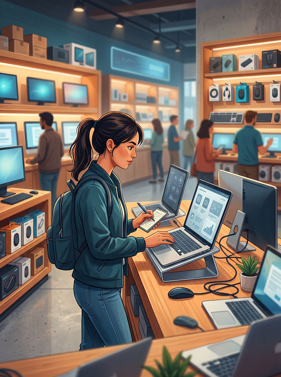 A prepared woman takes notes while comparing laptops at a technology store, surrounded by computers, monitors, and accessories on display — illustrating smart computer shopping tips for home office buyers.