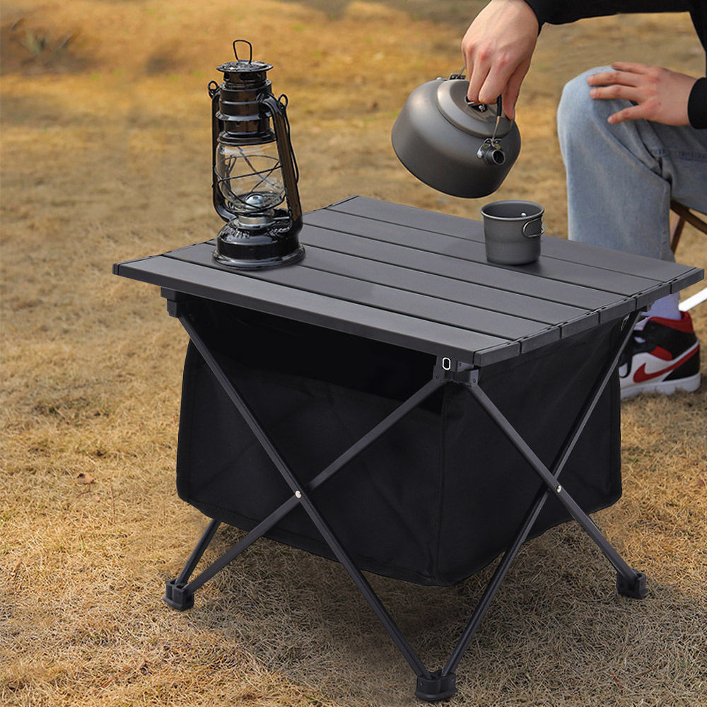 Aluminum Portable Roll-Top Camp Table with Removable Storage Basket